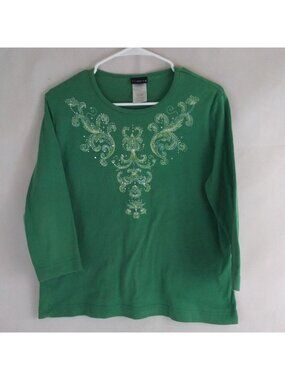 Trilllogy Women's Green Embroidered Beaded Shirt Size Large